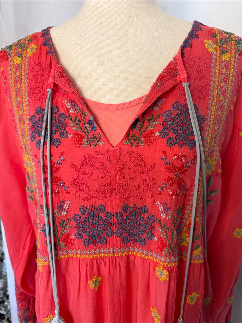 Johnny Was Margot Embroidered Tassel Peasant Midi Dress Coral Red Boho